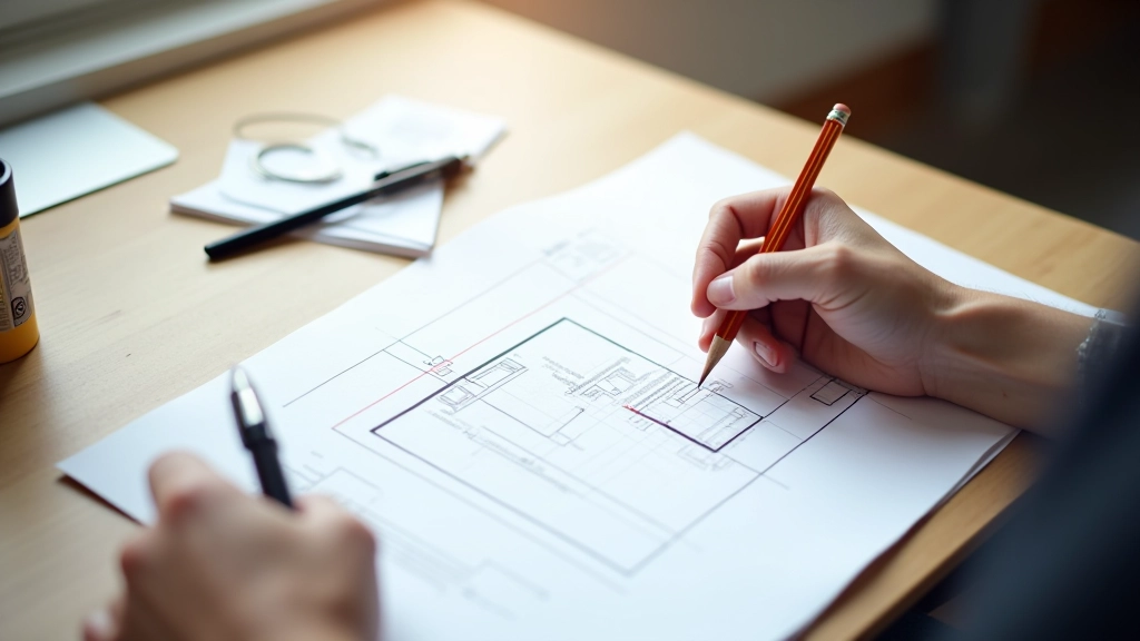 Designer sketching mobile-first wireframes on paper with grid rulers and measurement tools